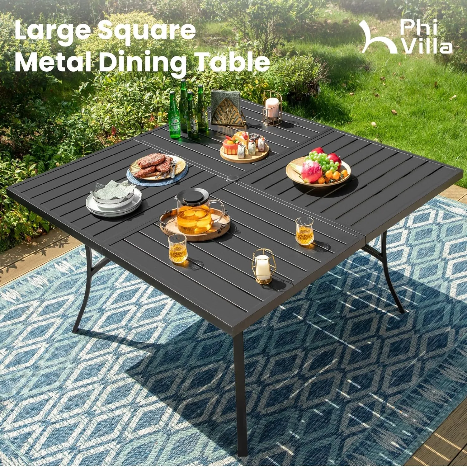 PHI VILLA 9 Pcs Patio Dining Set with Large Square Metal Dining Table & 8 Outdoor Textilene Fabric Swivel Dining Chairs, Outside Table Chair Furniture Dining Set for 8 Person