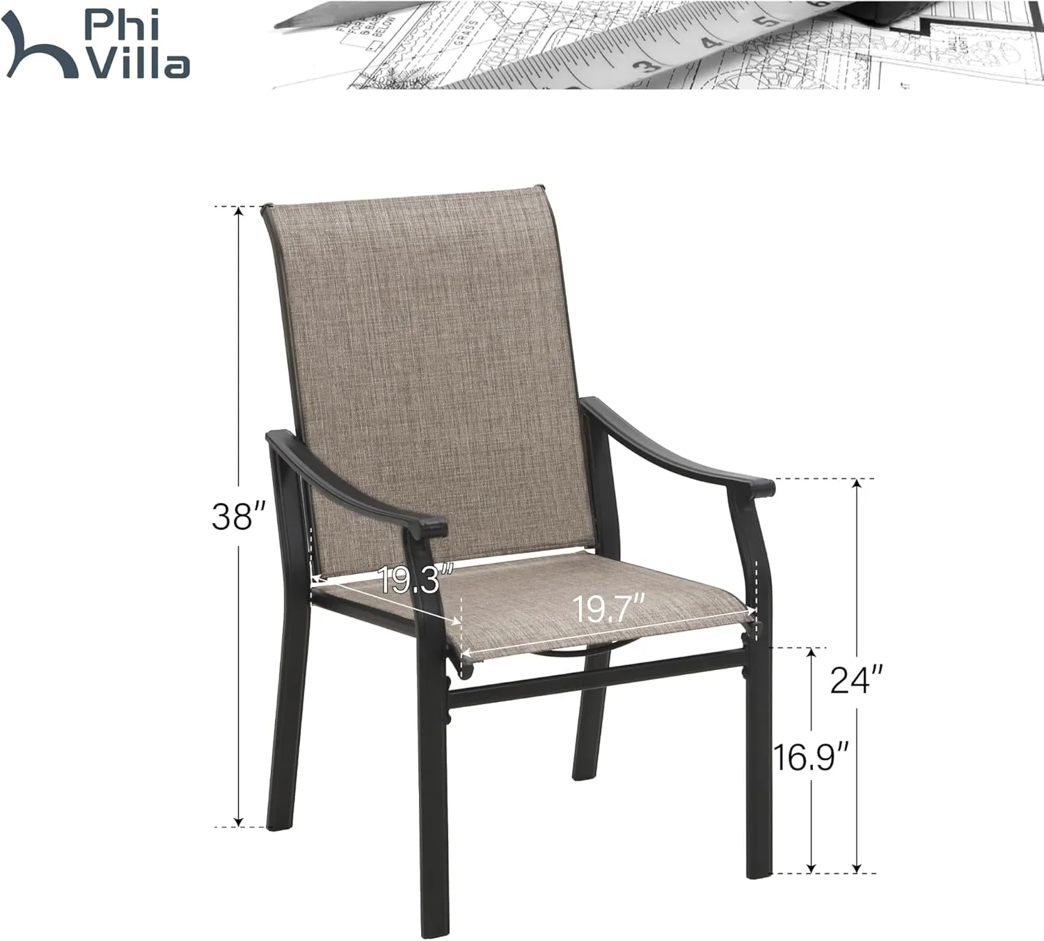 PHI VILLA Outdoor Dining Chairs Set of 4, Breathable Textilene Fabric and Metal Frame with Backrest and Armrest,Quick-Dry and Rustproof,Patio Chairs for Lawn,Garden