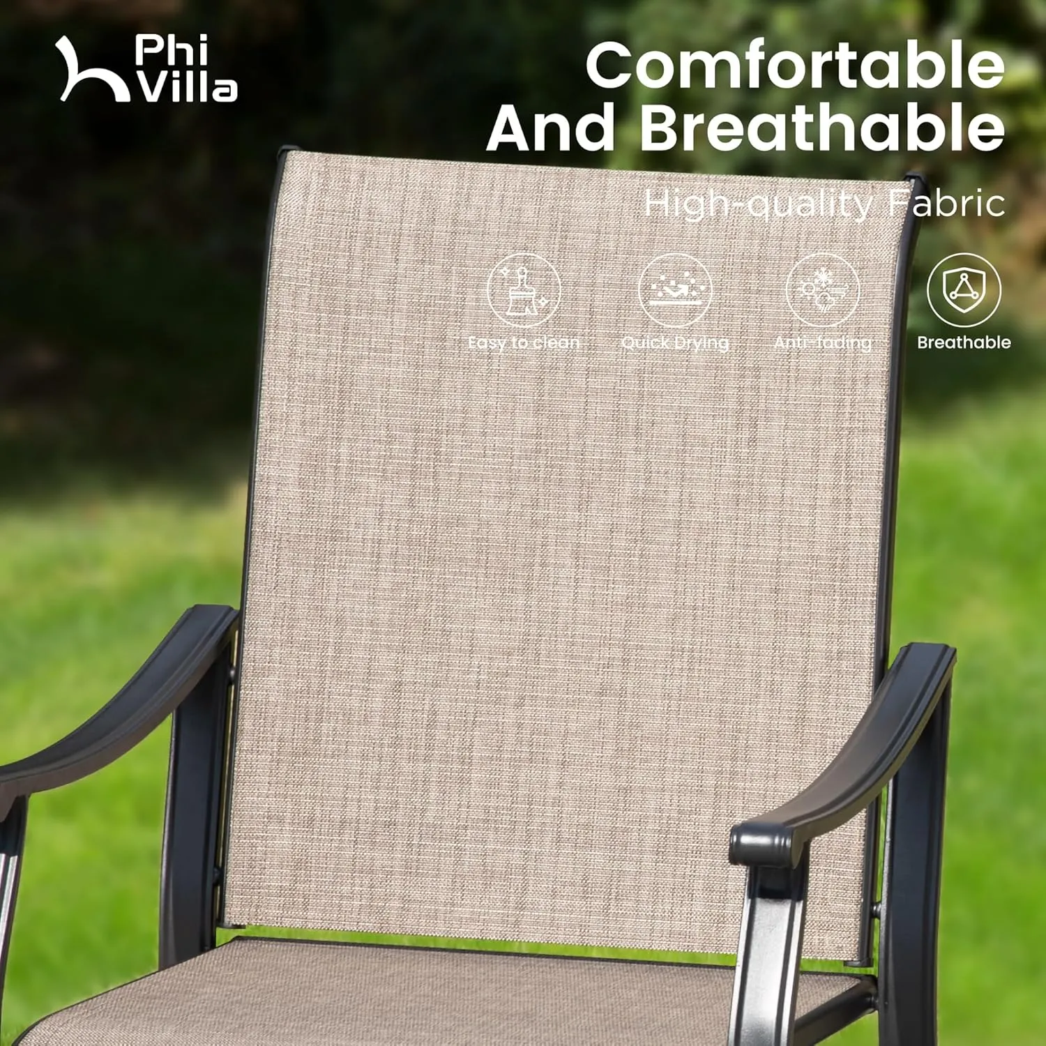 PHI VILLA Outdoor Dining Chairs Set of 4, Breathable Textilene Fabric and Metal Frame with Backrest and Armrest,Quick-Dry and Rustproof,Patio Chairs for Lawn,Garden
