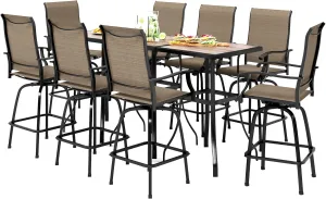 PHI VILLA Outdoor Patio Swivel Bar Set of 11, Textilene Bar Height Chair with Armrest and Wood Like Bar Table, All-Weather Furniture Set for Garden Lawn