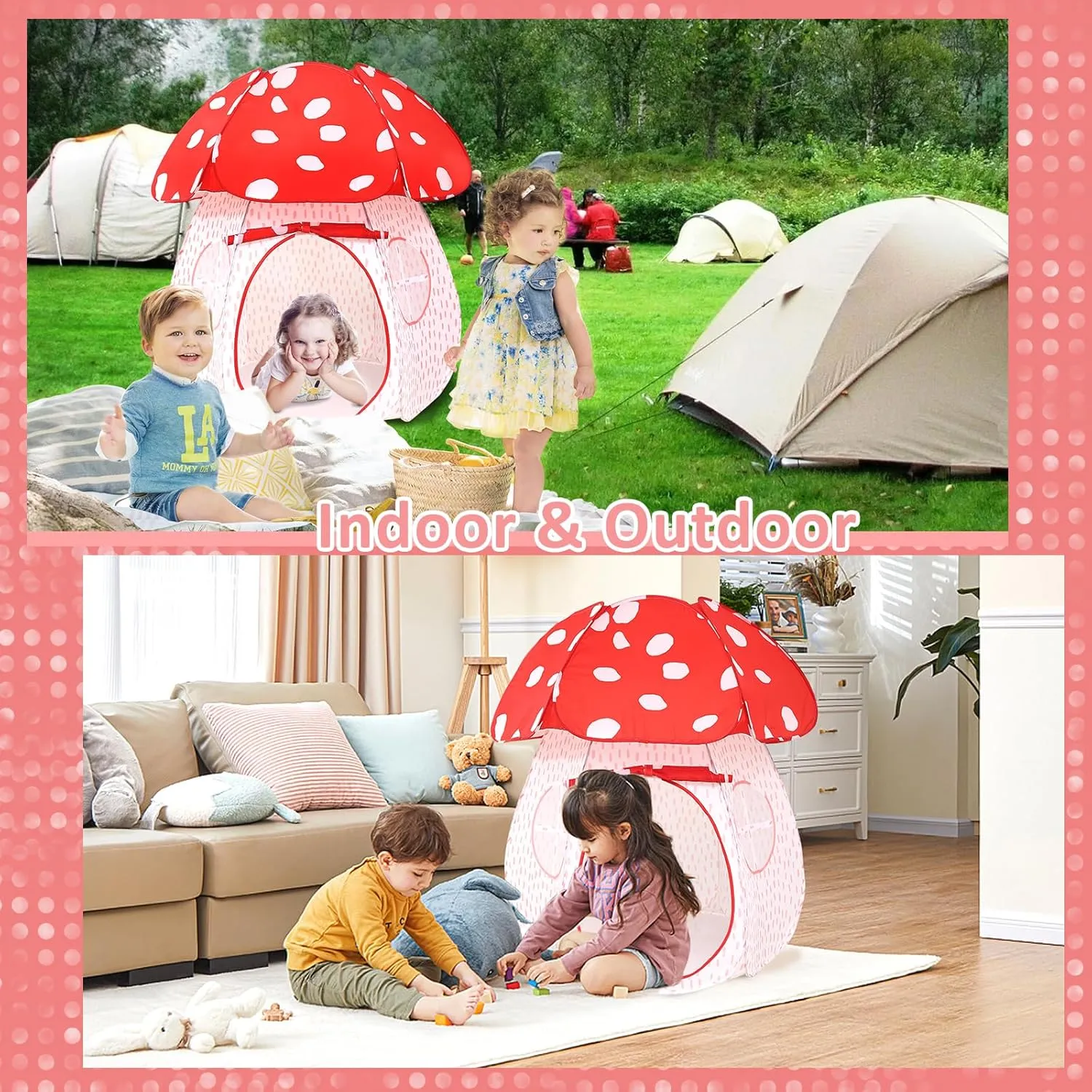 Play Tent for Kids Pop UpTent Indoor Outdoor Boys and Girls Playhouse with Exquisite Design for Imaginative Mushroom Tent by CRAWLBO Patented(RED/Large)
