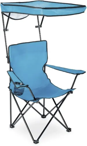 Plexon Folding Quad Chair with Canopy – Portable Outdoor Chair with Sun & Rain Shade, Mesh Cup Holder and Storage Bag – Blue Seat, Black Steel Frame