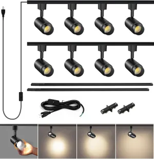 Plug in Track Lighting with Power Cord, 8-Light Zoomable LED Track Lighting Kit with 6.6FT H Type Track Lighting Rails, Modern Kitchen Track Lighting Fixtures Ceiling Spot Light, 4000K Black