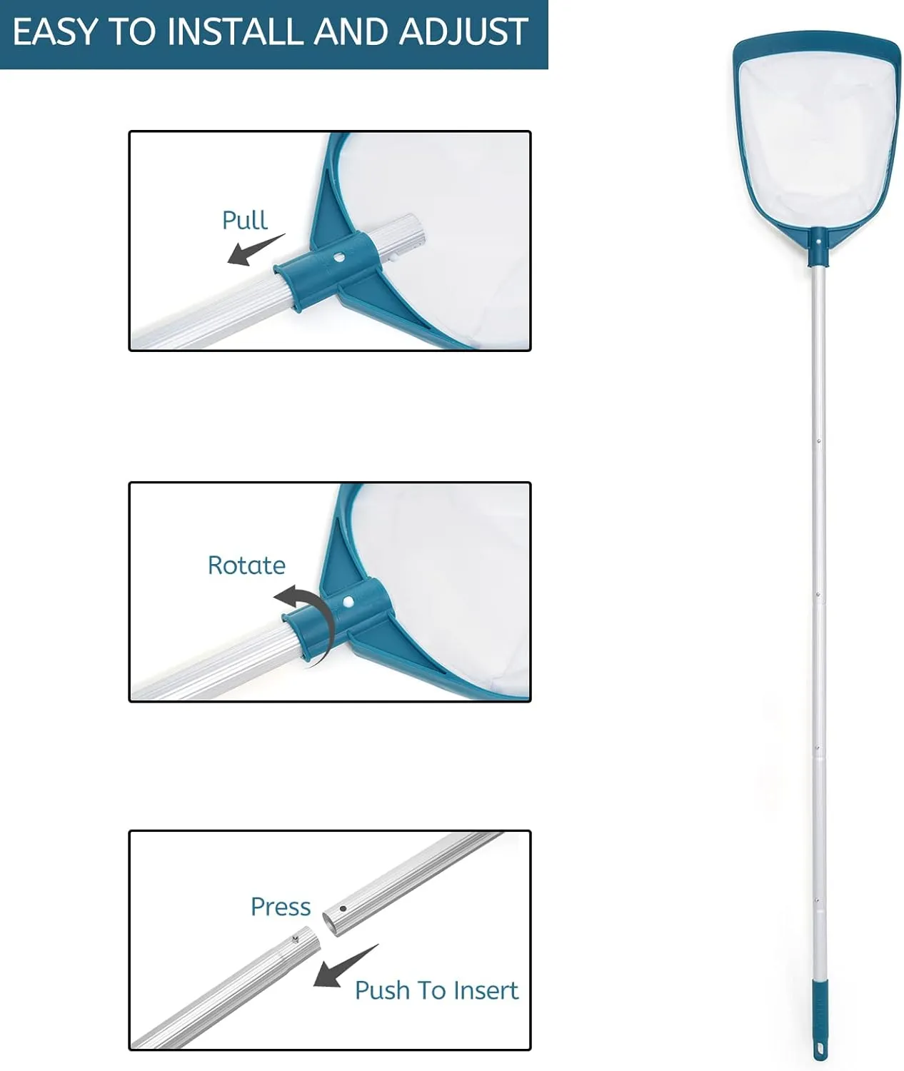 POOLWHALE Upgrades Swimming Pool Telescopic Leaf Net Skimmer Rake with Adjustable Aluminum Pole and Nylon Medium Fine Mesh for Cleaning Swimming Pools, Hot Tubs, Spas and Fountains
