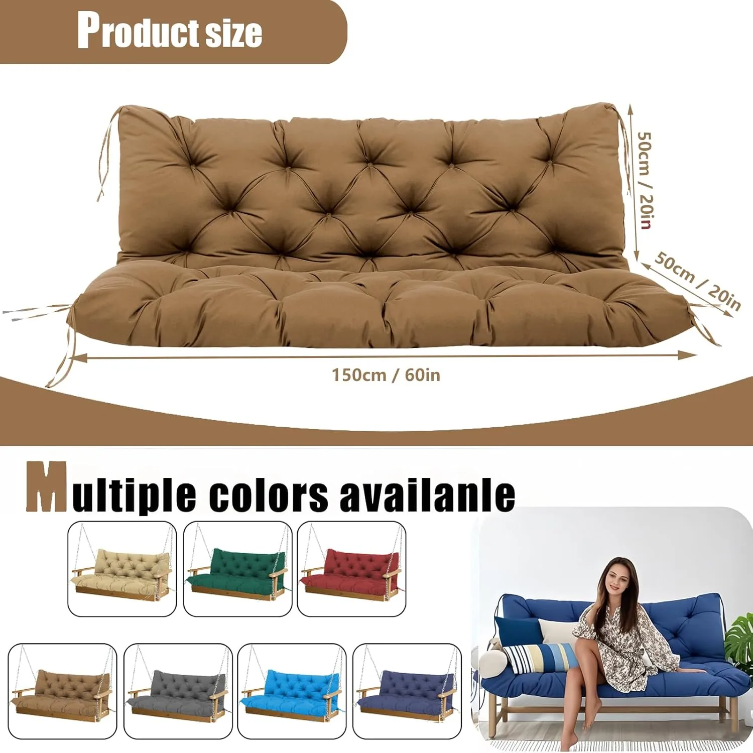 Porch Swing Cushions 2-3 Seater Replacement Waterproof Outdoor Swing Cushion with Backrest Extra Thick 5" for Outdoor Furniture Bench Patio Garden Backyard