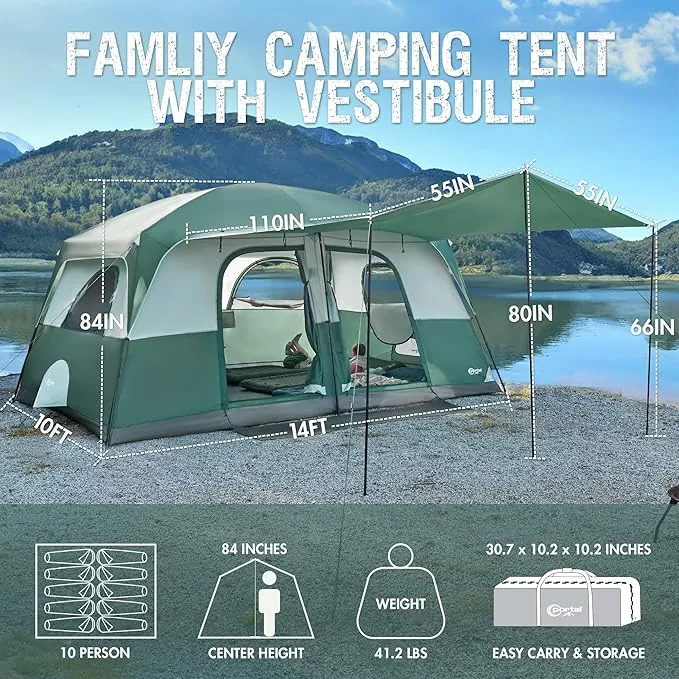 PORTAL 10 Person Camping Tent with Porch, Big Family Cabin Tent with 2 Rooms, 2 Doors, 2 Ground Vents, 6 Large Mesh Windows, Divided Curtain for Camping, Outdoor, Traveling, Water Resistant