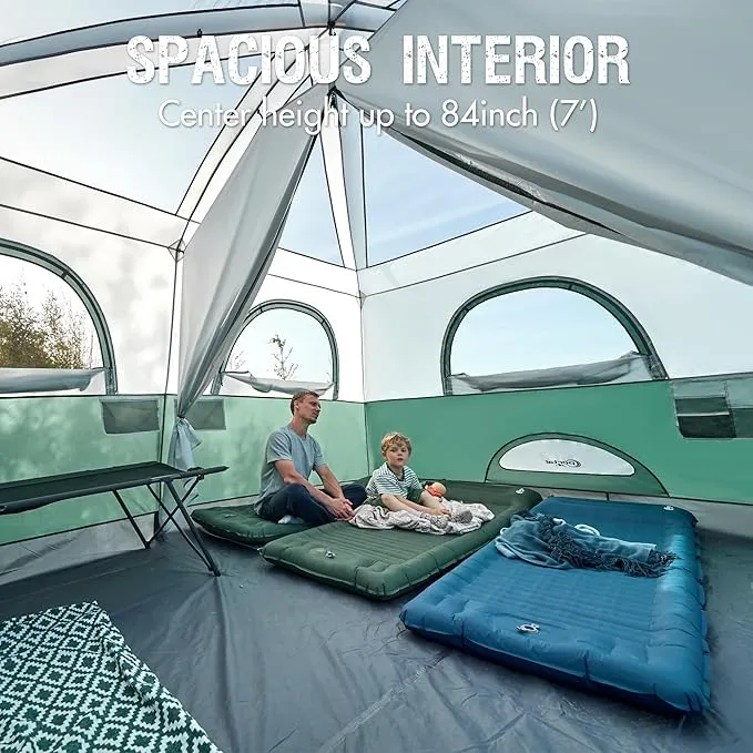 PORTAL 10 Person Camping Tent with Porch, Big Family Cabin Tent with 2 Rooms, 2 Doors, 2 Ground Vents, 6 Large Mesh Windows, Divided Curtain for Camping, Outdoor, Traveling, Water Resistant