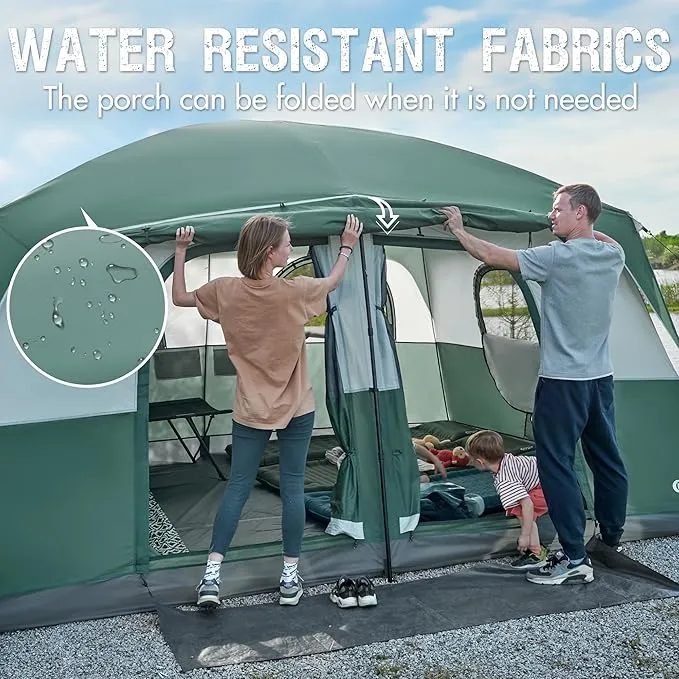 PORTAL 10 Person Camping Tent with Porch, Big Family Cabin Tent with 2 Rooms, 2 Doors, 2 Ground Vents, 6 Large Mesh Windows, Divided Curtain for Camping, Outdoor, Traveling, Water Resistant