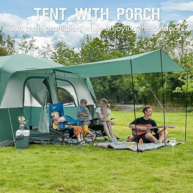 PORTAL 10 Person Camping Tent with Porch, Big Family Cabin Tent with 2 Rooms, 2 Doors, 2 Ground Vents, 6 Large Mesh Windows, Divided Curtain for Camping, Outdoor, Traveling, Water Resistant
