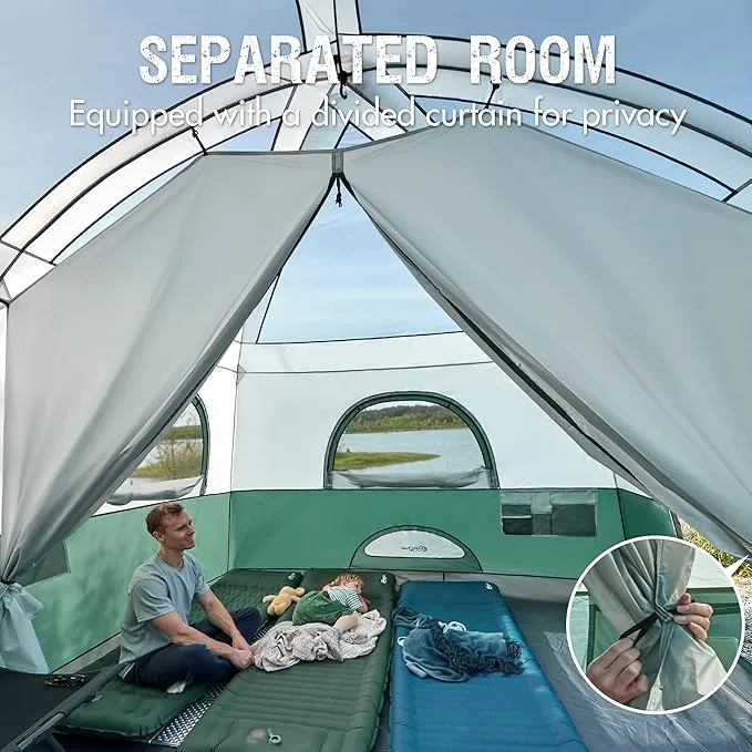 PORTAL 10 Person Camping Tent with Porch, Big Family Cabin Tent with 2 Rooms, 2 Doors, 2 Ground Vents, 6 Large Mesh Windows, Divided Curtain for Camping, Outdoor, Traveling, Water Resistant