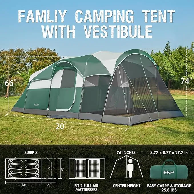 PORTAL 6/8 Person Family Camping Tent with Screen Room, Water Resistant Big Tunnel Tent with Rainfly, Large Family Tent for Outdoor Camping, Party