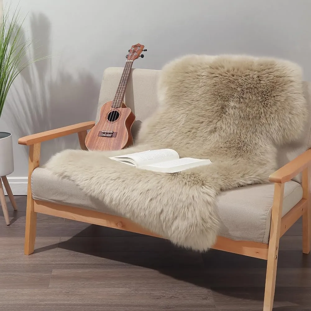 Premium Genuine Fur Sheepskin Rug Real Australia Sheepskin Natural Luxury Fluffy Lambskin Fur Area Rug Seat Covers for Kids Bedroom Sofa Chair Cover (Creamy Gray, Single Pelt/2ft x 3ft)