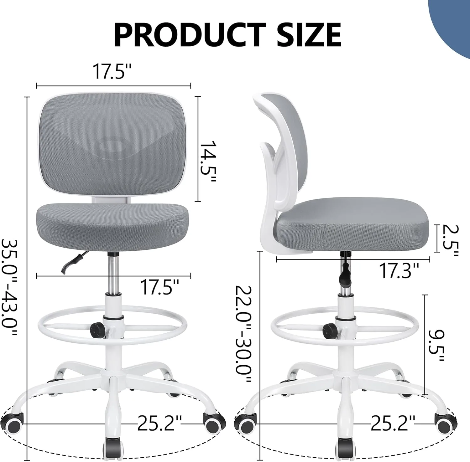 Primy Armless Tall Desk Chair, Adjustable Height and Footring, Mid-Back Ergonomic Standing Desk Chair Mesh Rolling Tall Chair for Art Room, Office or Home (Gray)