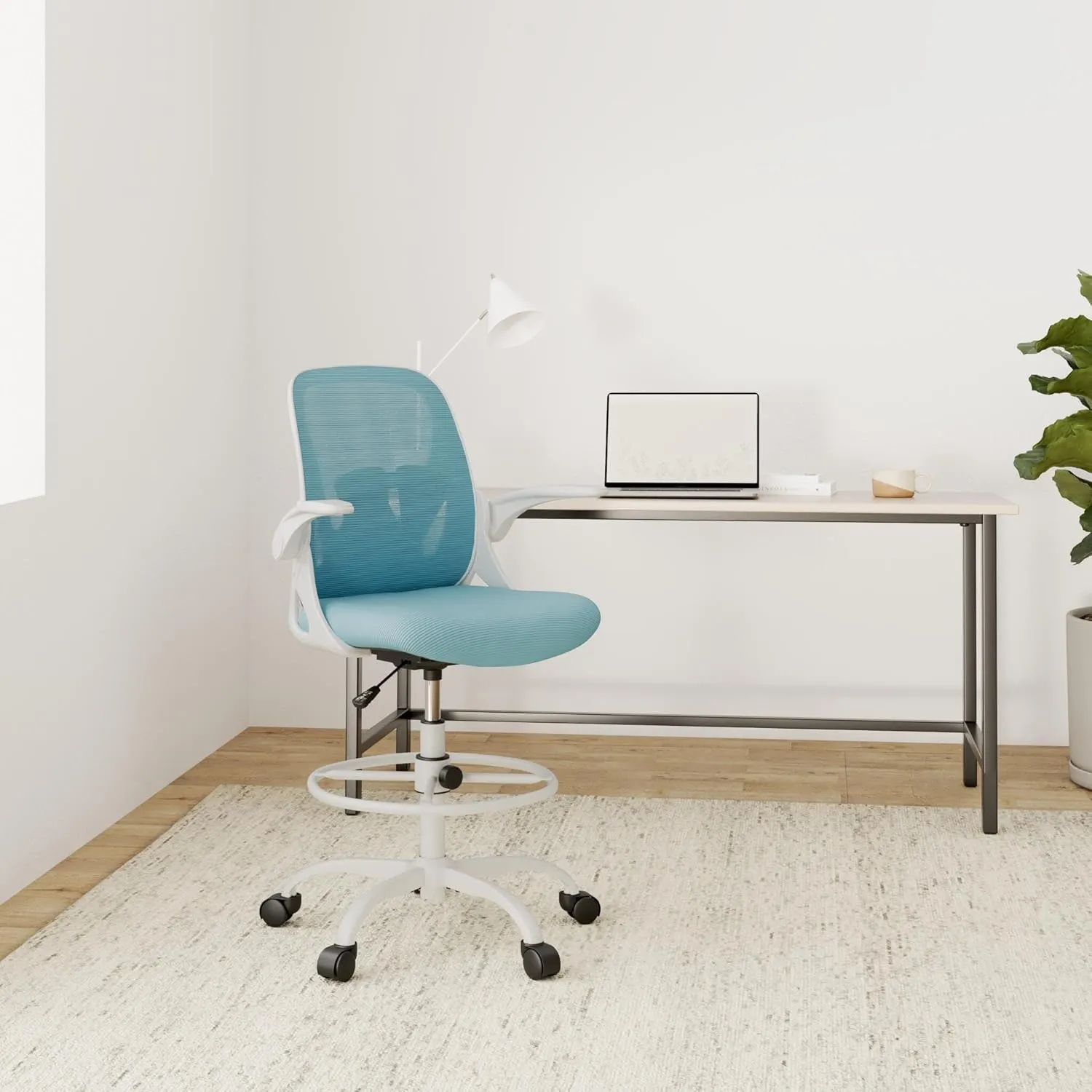 Primy Drafting Chair Tall Office Chair with Flip-up Armrests Executive Ergonomic Computer Standing Desk Chair with Lumbar Support and Adjustable Footrest Ring（Blue）