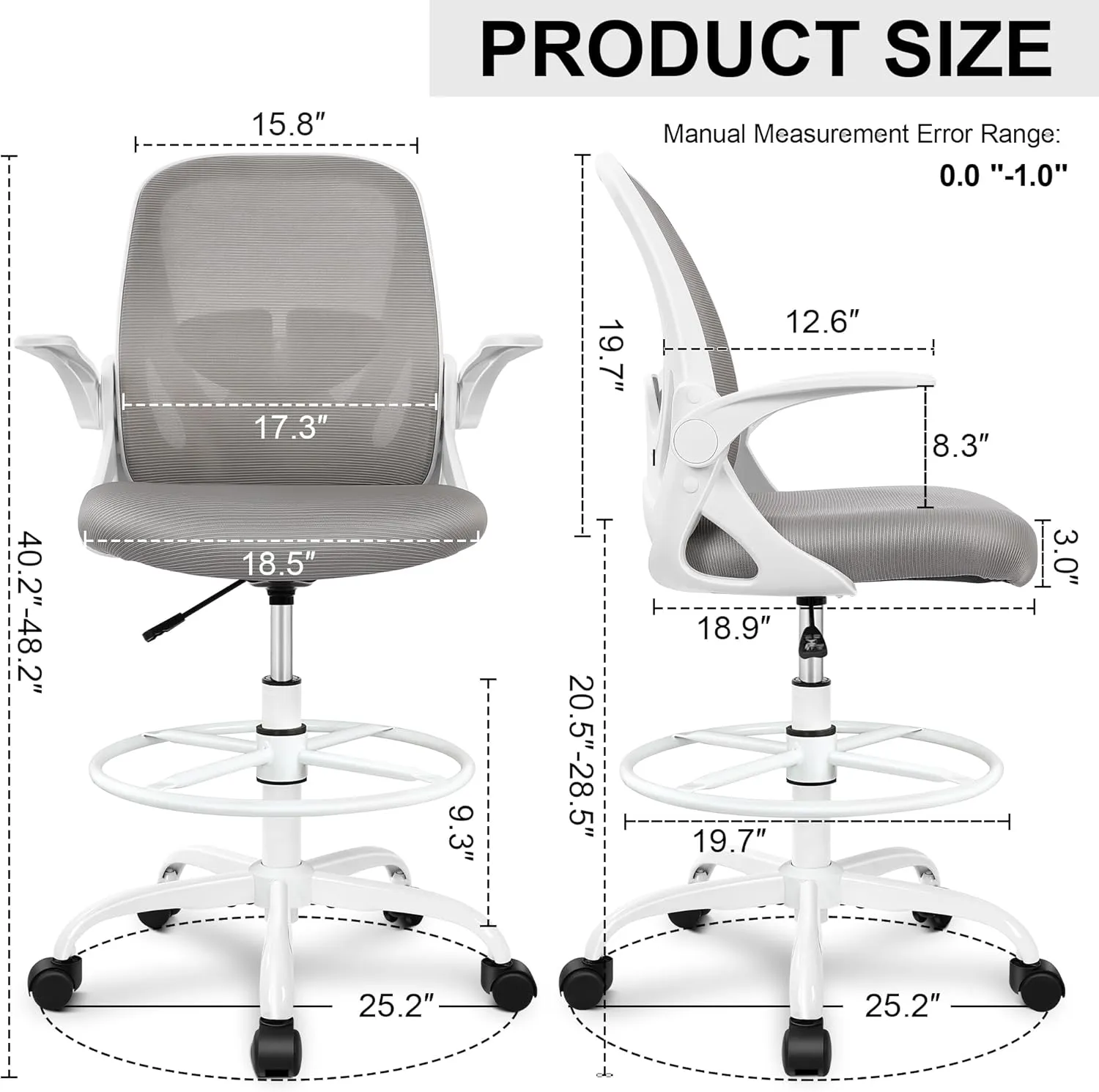 Primy Ergonomic Drafting Chair with Flip-up Armrests Tall Office Chair for Standing Desk Comfortable Desk Chair with Adjustable Footrest Ring and Lumbar Support in Gray Perfect for Home and Office Use