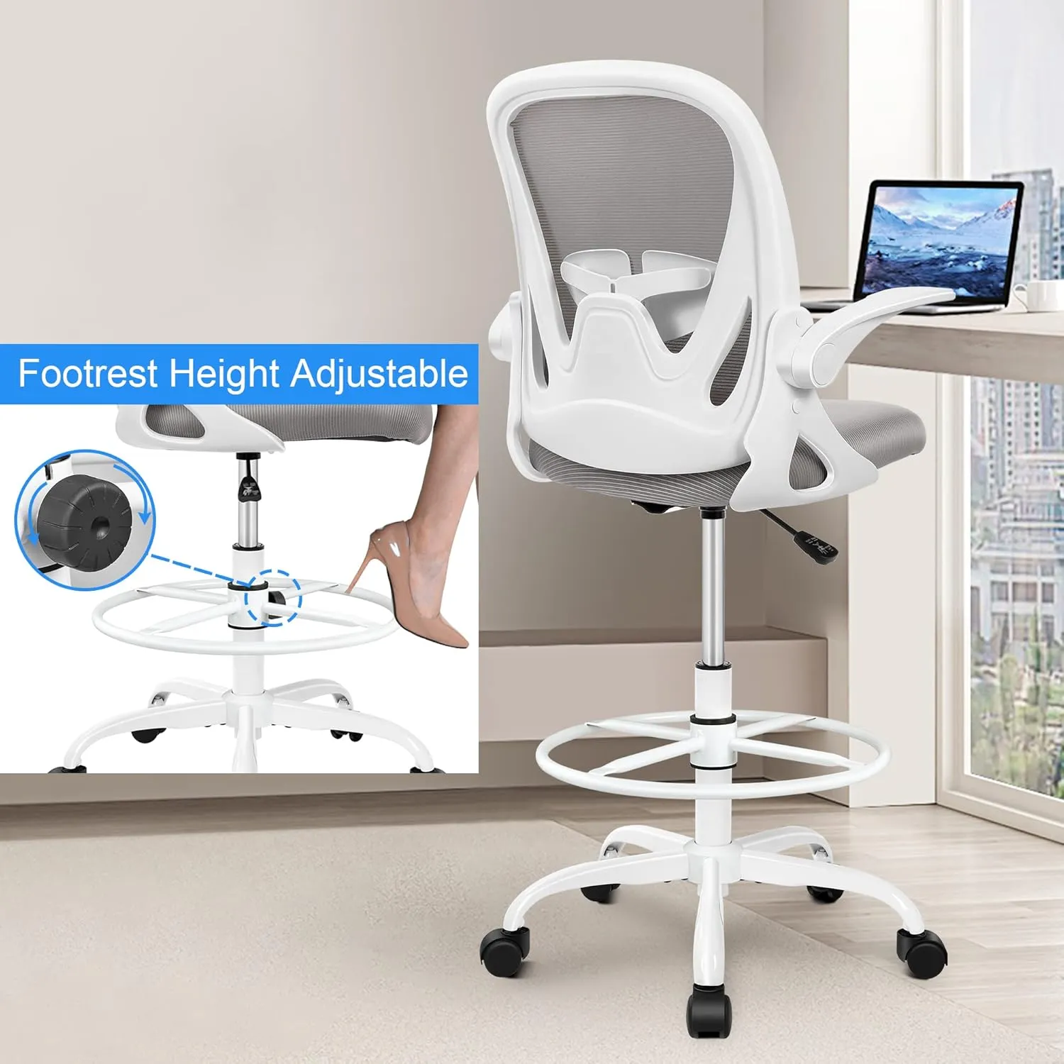 Primy Ergonomic Drafting Chair with Flip-up Armrests Tall Office Chair for Standing Desk Comfortable Desk Chair with Adjustable Footrest Ring and Lumbar Support in Gray Perfect for Home and Office Use