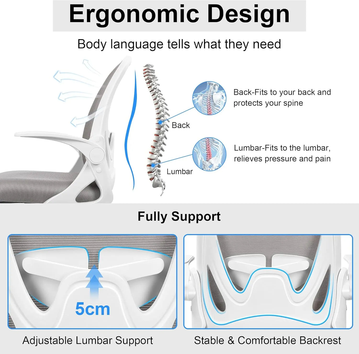 Primy Office Chair Ergonomic Desk Chair with Adjustable Lumbar Support and Height, Swivel Breathable Desk Mesh Computer Chair with Flip up Armrests for Conference Room（Gray）
