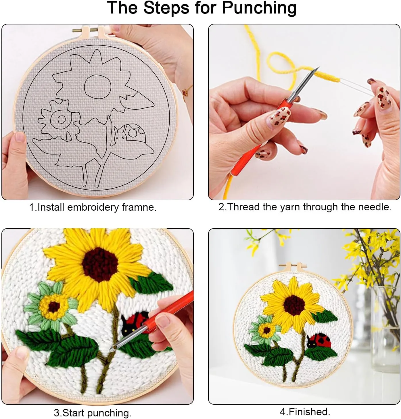 PYHIRRY Punch Needle Kits Adults Beginner Sunflower-with Tool, Hoop, Yarn, Fabric & Video Tutorials -Complete Punch Needle kit for Home Decor Craft for Wall Art & Gifts