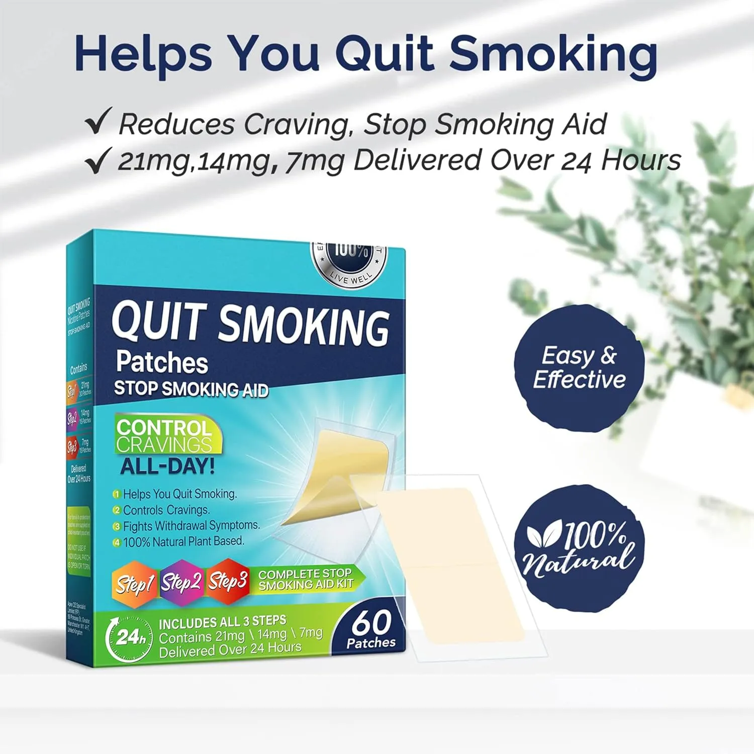 Quit Smoking Patches Step 1 2 3 Stop Smoking Aid, 21mg, 14mg, 7mg, Transdermal System Patch, Quit Smoking Stickers, 60 Count, Easy and Effective to Help Control Smoking Cravings That Work