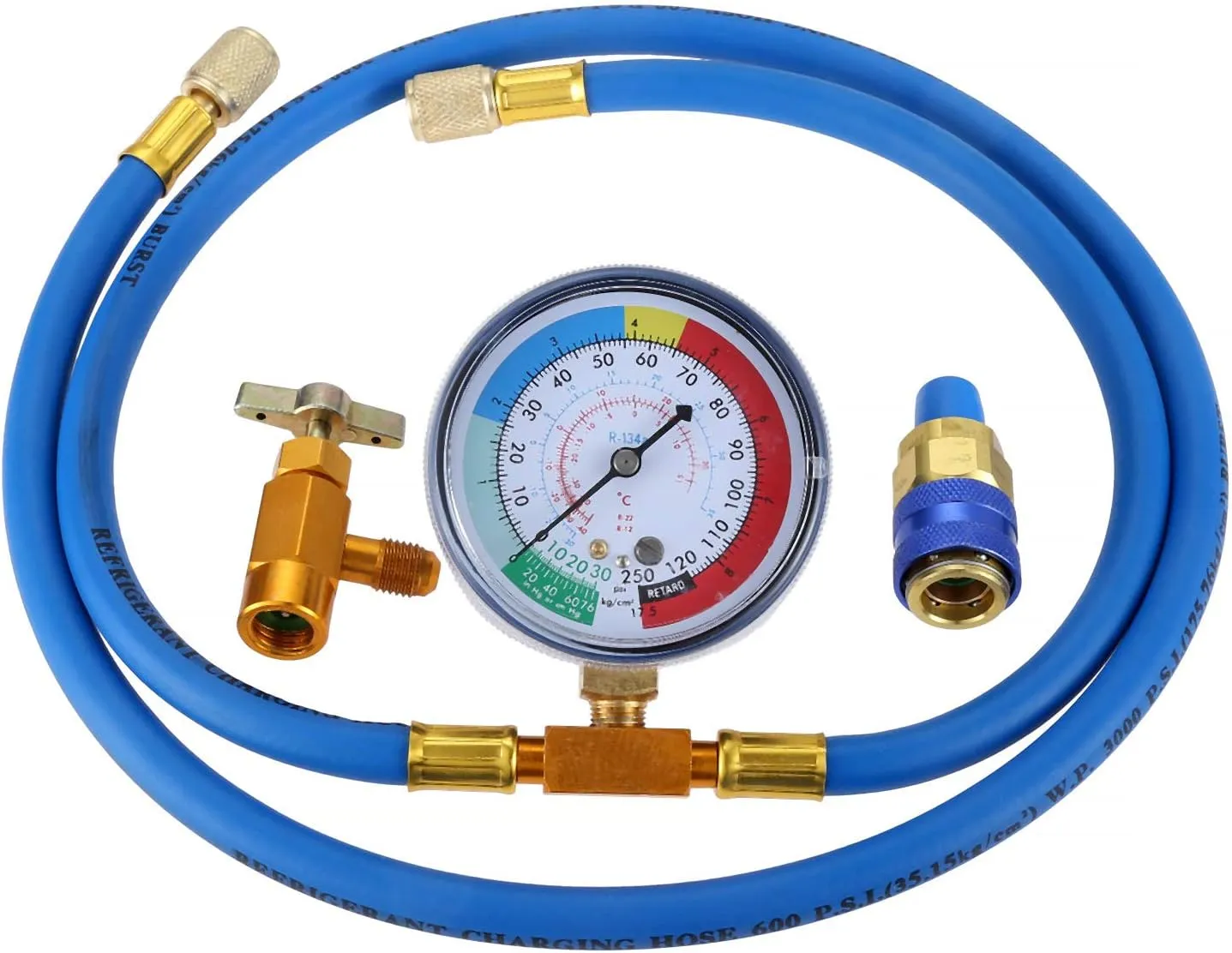 R134a Recharge Hose Kit with Gauge, 51'' AC Refrigerant Recharging Hose Measuring Kit, Self-sealing R-134a Can Tap Refrigerant Dispenser to R-12/R-22 port, Include R134a Low Side Quick Couple