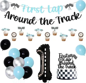 Race Car 1st Birthday Decorations First Lap Around The Track Banner Cake Topper Racing Themed Cupcake Toppers Number 1 Foil Balloon Blue Black Latex Balloons Kit for Boys First Birthday Party Supplies