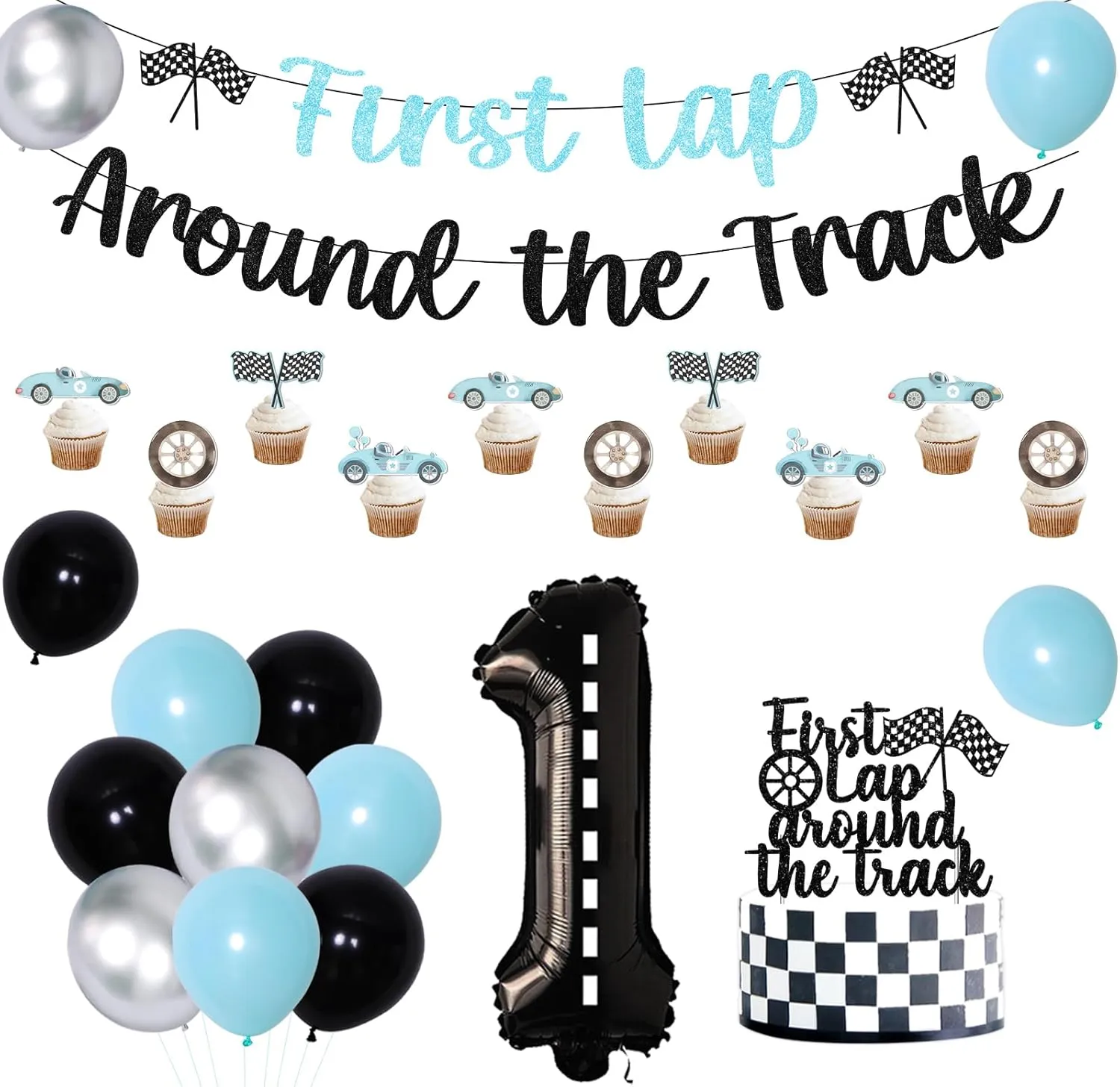 Race Car 1st Birthday Decorations First Lap Around The Track Banner Cake Topper Racing Themed Cupcake Toppers Number 1 Foil Balloon Blue Black Latex Balloons Kit for Boys First Birthday Party Supplies