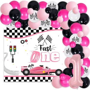 Racing Car 1st Birthday Decorations Girl Pink Racing Theme Fast One Backdrop Pink Black Balloon Garland Arch Kit for Girls Race Car First Birthday Party Supplies