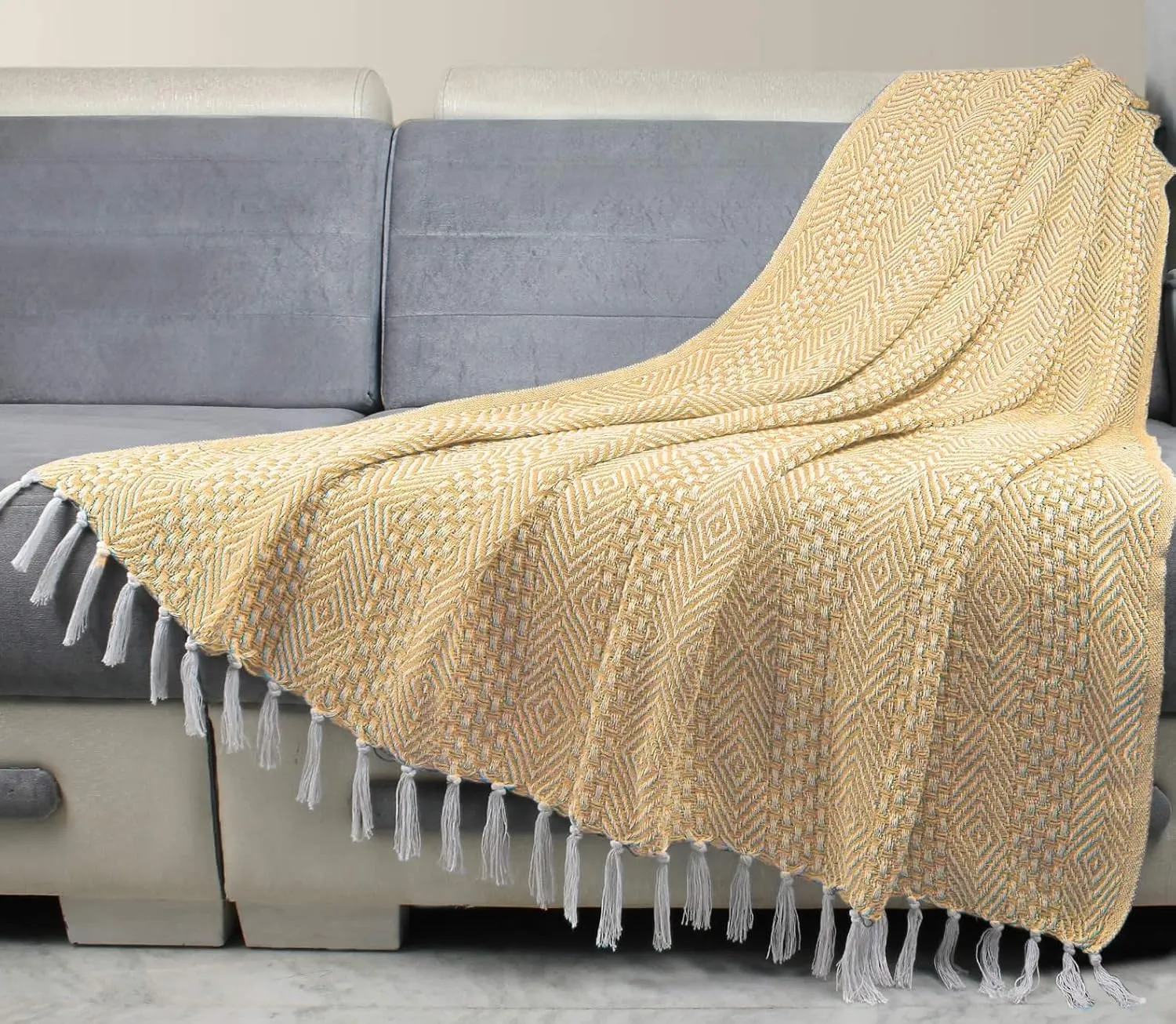 RAJRANG Tinsel Yellow Throw Blanket - Warm Living Room Decorative Throws for Sofa and Couch 60 x 50 Inch