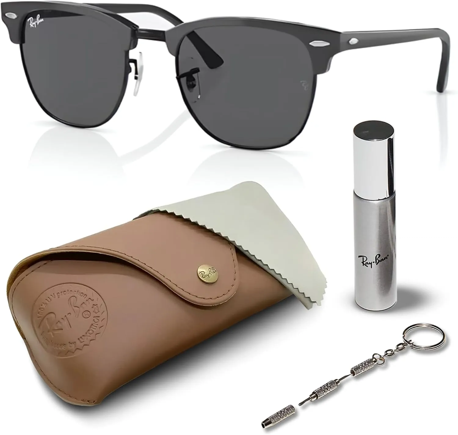 Ray-Ban RB3016 Clubmaster Classic Square Shape Sunglasses With Eyewear Kit Bundle - High Bridge Fit -Casual Square Sunglasses