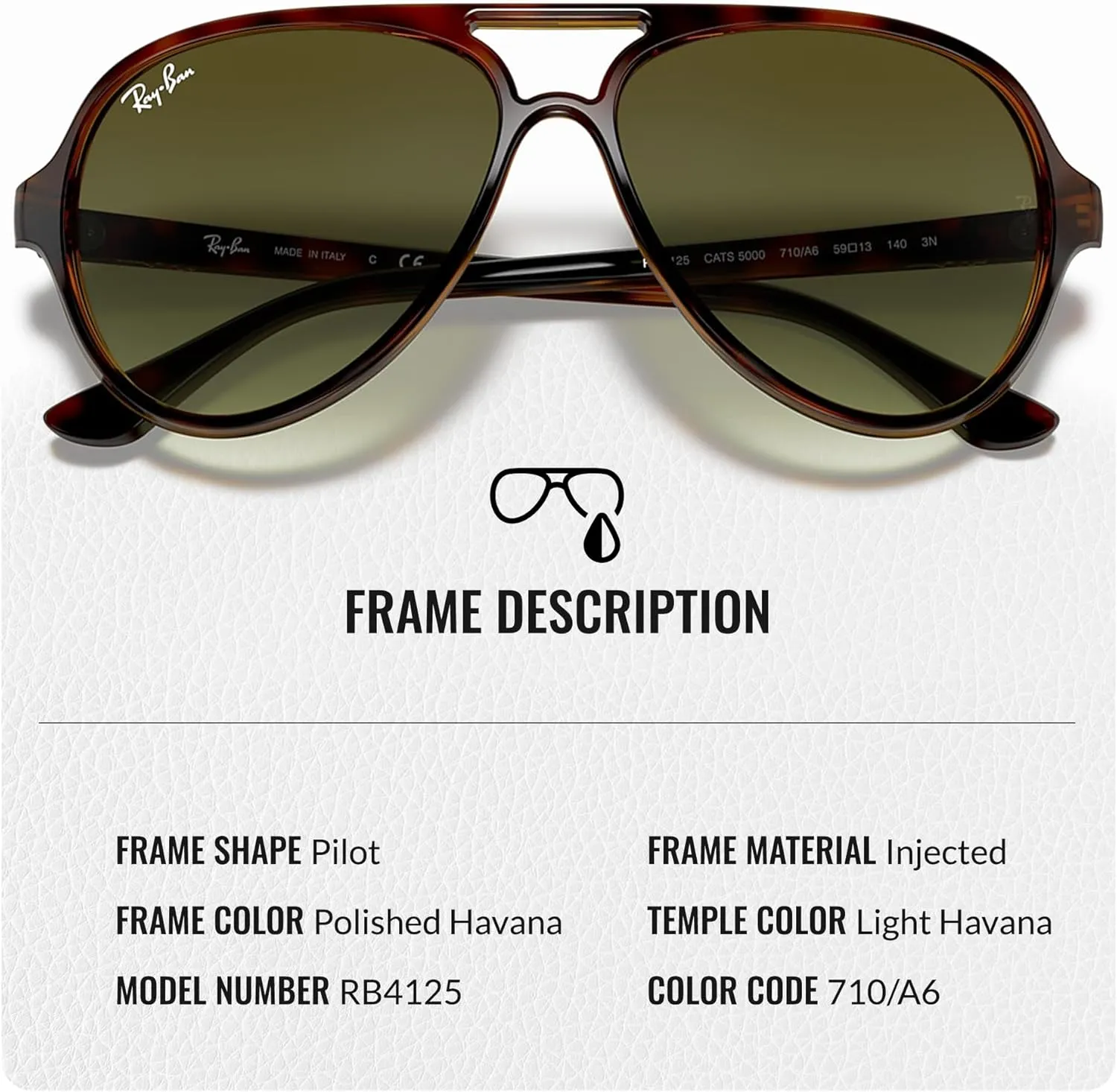 Ray-Ban RB4125 CATS 5000 Classic Pilot Shape Sunglasses for Men & Women With Eyewear Kit Bundle - Classic Sun Glasses
