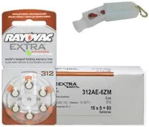 Rayovac Extra Hearing Aid Batteries - Size 312 312AE-6ZM - 60 Pack - Complimentary Battery Keychain Kit