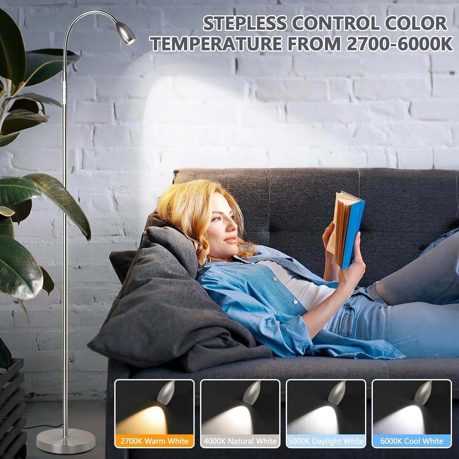 Reading Floor Lamp, 72" Tall LED Lamp with Flexible Gooseneck, Dimmable Zoomable Spotlight, Adjustable Color Beam Standing Lamp, Touch & Remote Control, Task Craft Bedroom Living Room (Brushed Nickel)