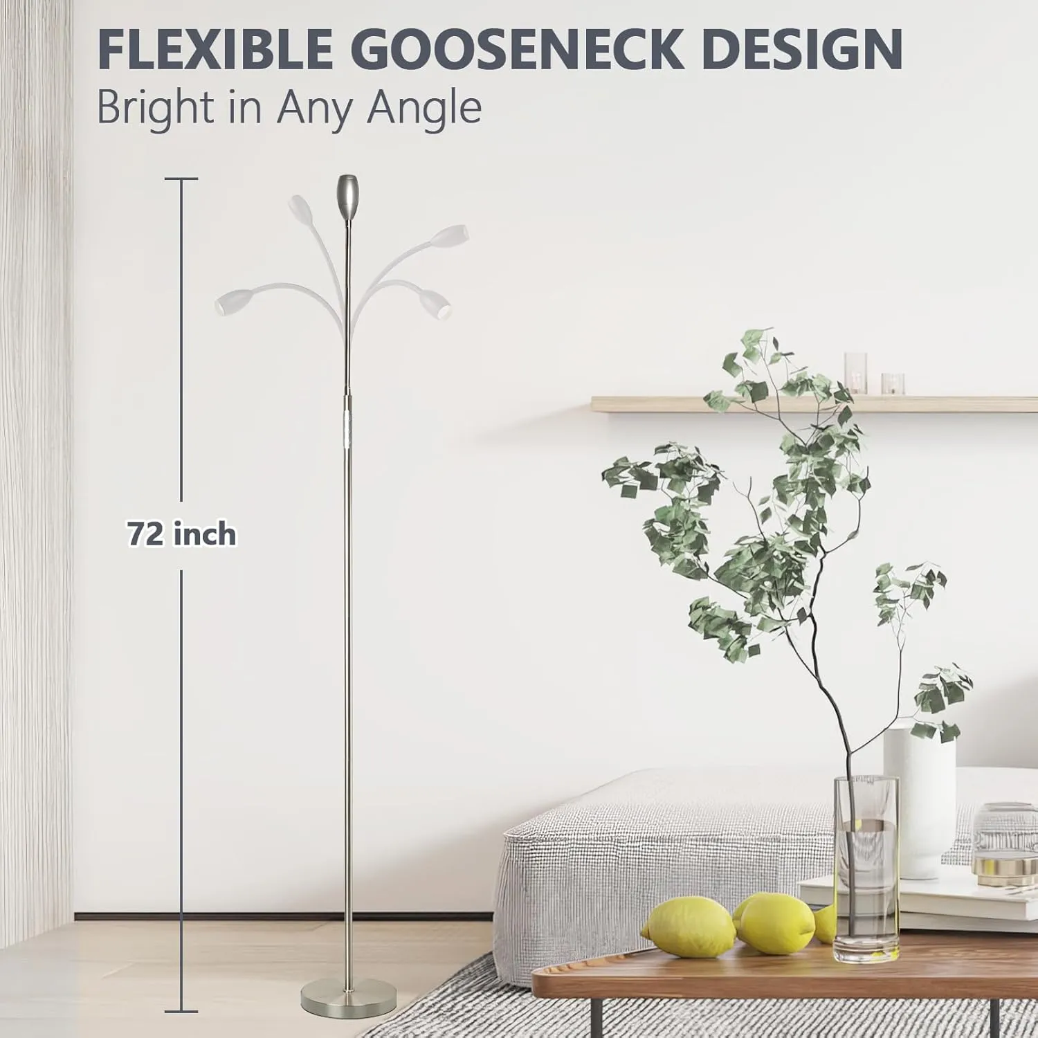 Reading Floor Lamp, 72" Tall LED Lamp with Flexible Gooseneck, Dimmable Zoomable Spotlight, Adjustable Color Beam Standing Lamp, Touch & Remote Control, Task Craft Bedroom Living Room (Brushed Nickel)