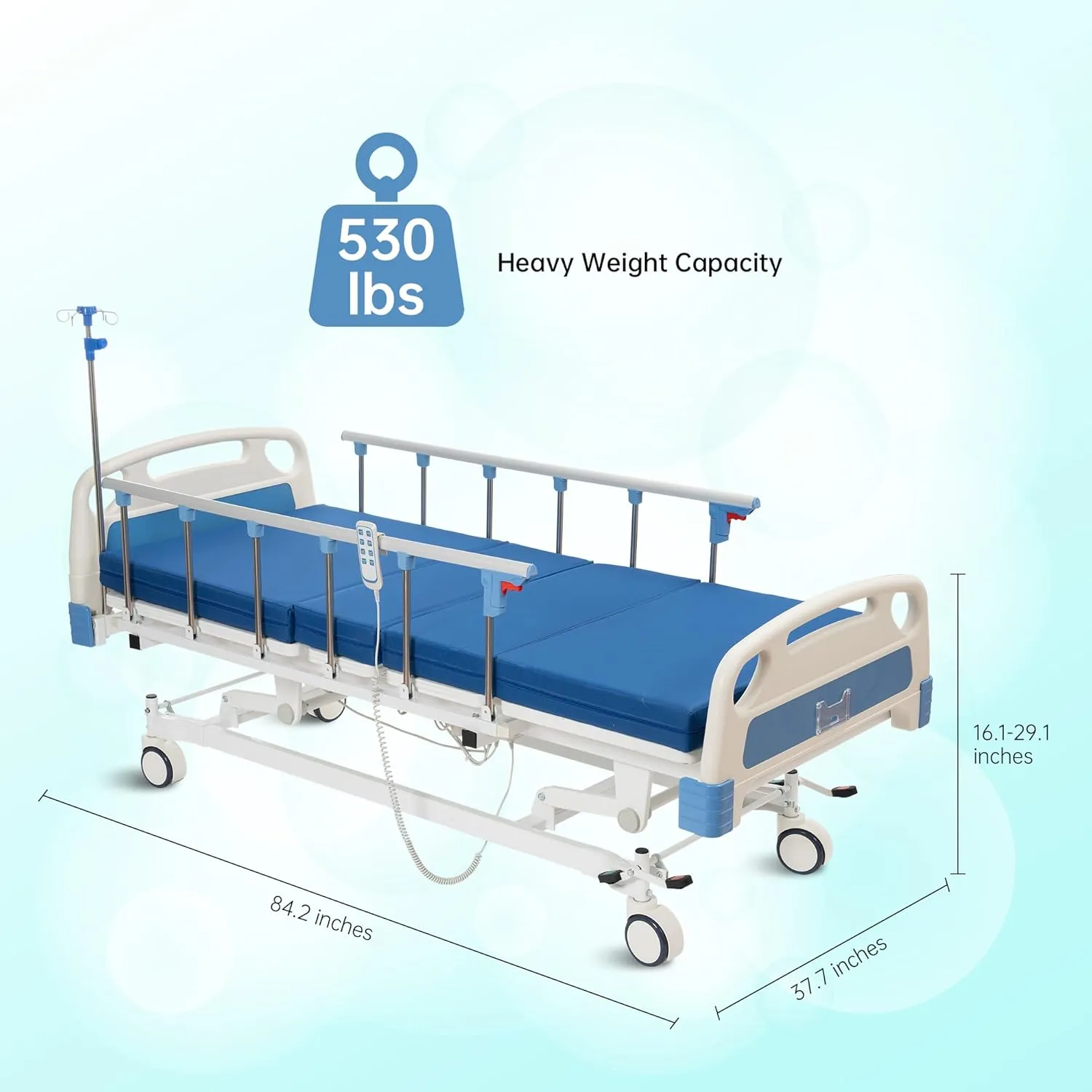 Real Relax 3 Function Full Electric Hospital Bed, ICU Electric Medical Bed with 4 inch Foam Mattress & IV Pole, Dining Table Board, Central Locking System with 5 inch Casters, 530LBS Loading.