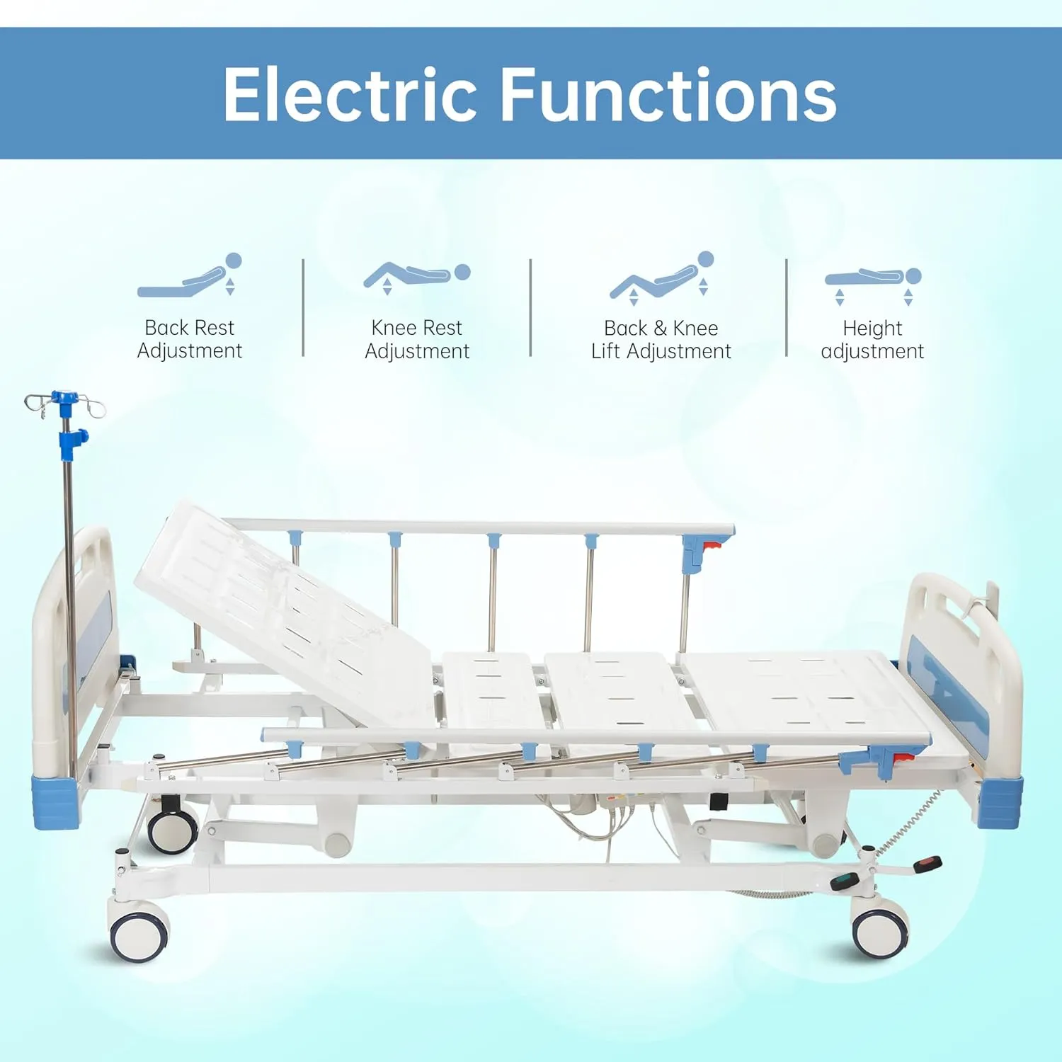 Real Relax 3 Function Full Electric Hospital Bed, ICU Electric Medical Bed with 4 inch Foam Mattress & IV Pole, Dining Table Board, Central Locking System with 5 inch Casters, 530LBS Loading.