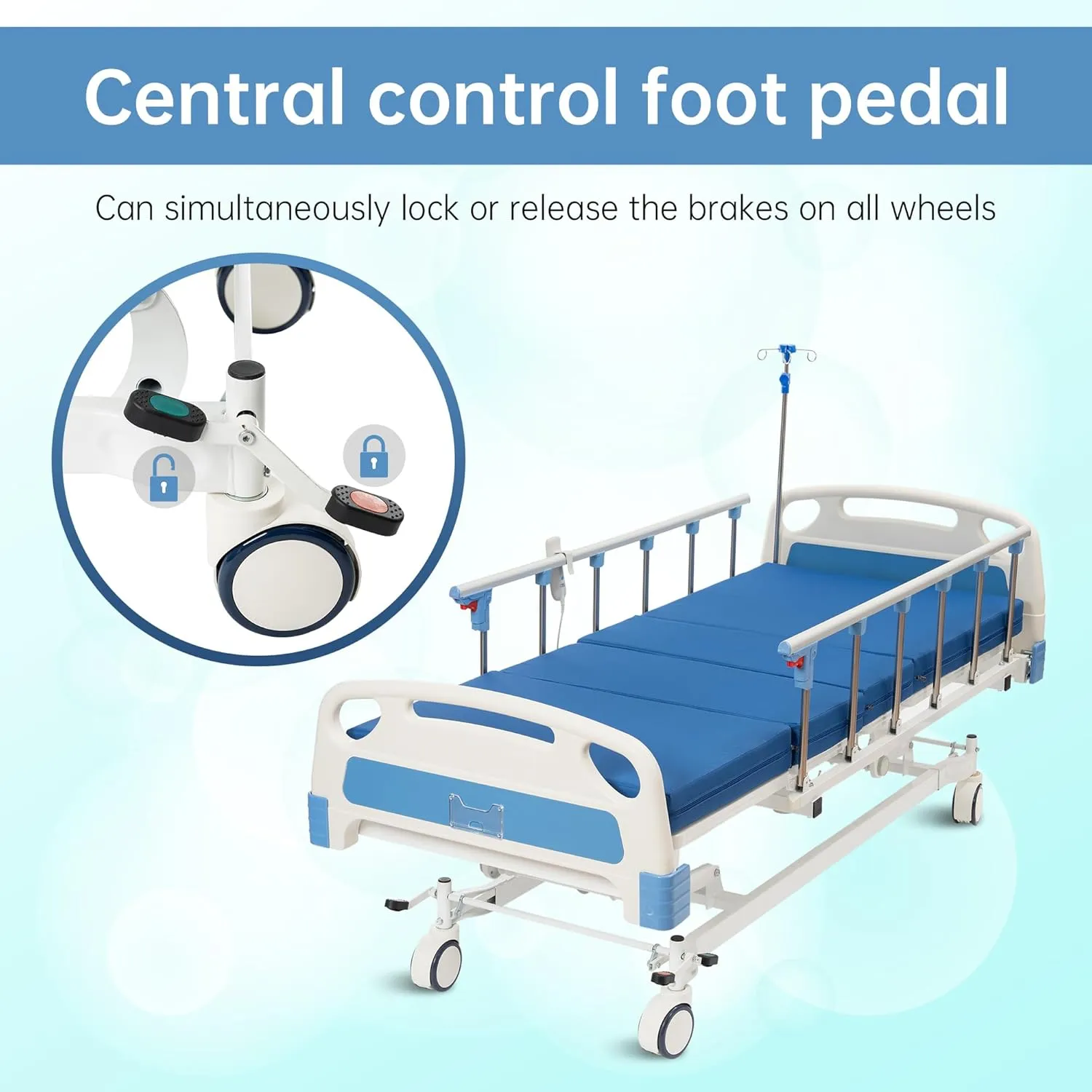 Real Relax 3 Function Full Electric Hospital Bed, ICU Electric Medical Bed with 4 inch Foam Mattress & IV Pole, Dining Table Board, Central Locking System with 5 inch Casters, 530LBS Loading.