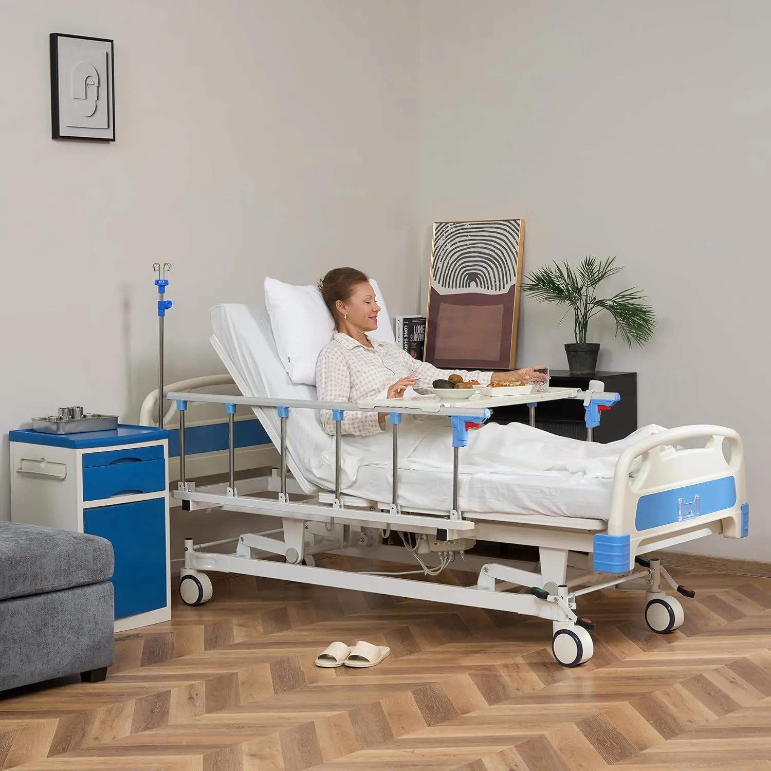 Real Relax 3 Function Full Electric Hospital Bed, ICU Electric Medical Bed with 4 inch Foam Mattress & IV Pole, Dining Table Board, Central Locking System with 5 inch Casters, 530LBS Loading.