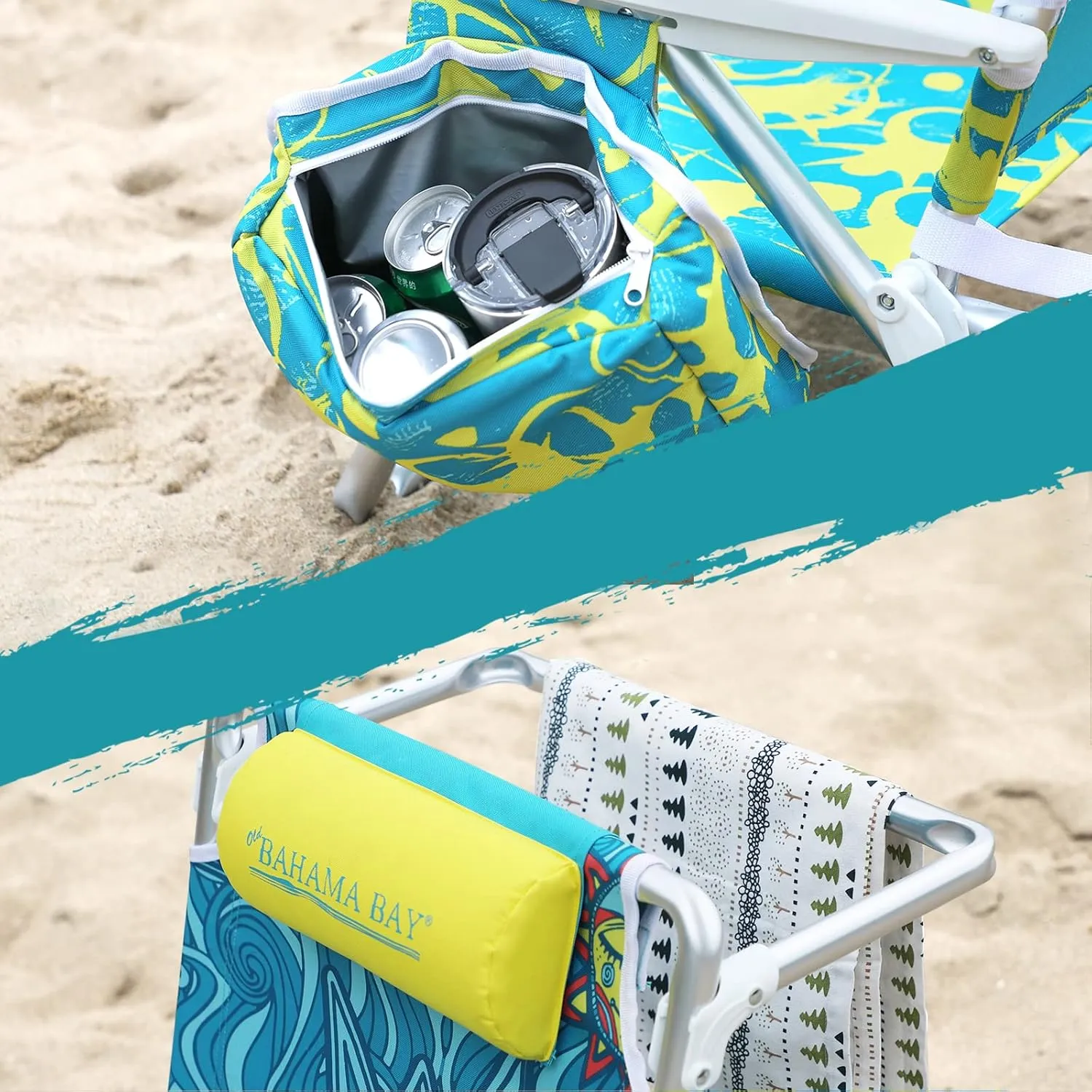 Reclining Beach Chair Backpack 5-Position Lay Flat Lounge Chair for Adults Heavy Duty Portable Folding Lightweight with Cooler Bag Camping Chair for Sand Outdoor