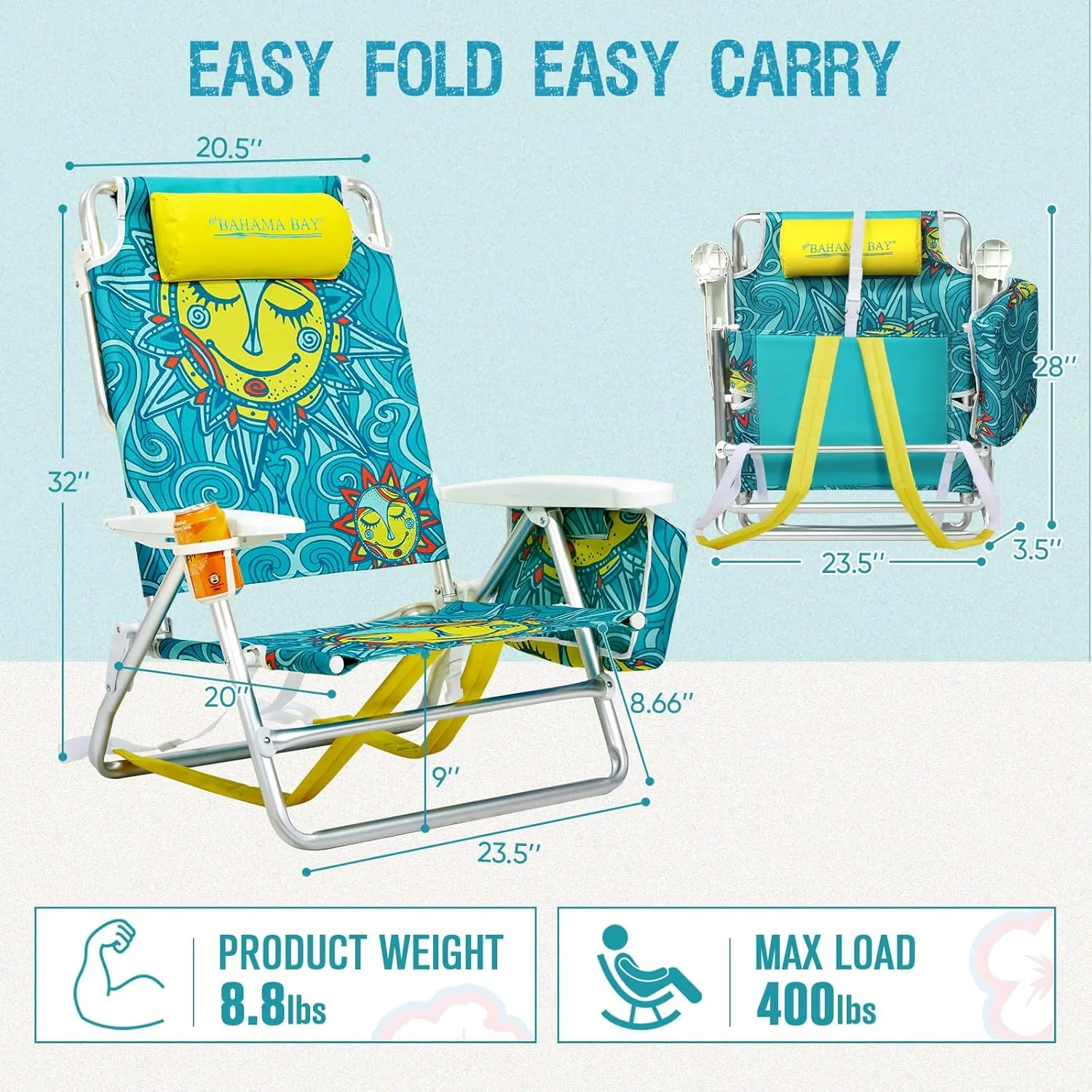 Reclining Beach Chair Backpack 5-Position Lay Flat Lounge Chair for Adults Heavy Duty Portable Folding Lightweight with Cooler Bag Camping Chair for Sand Outdoor