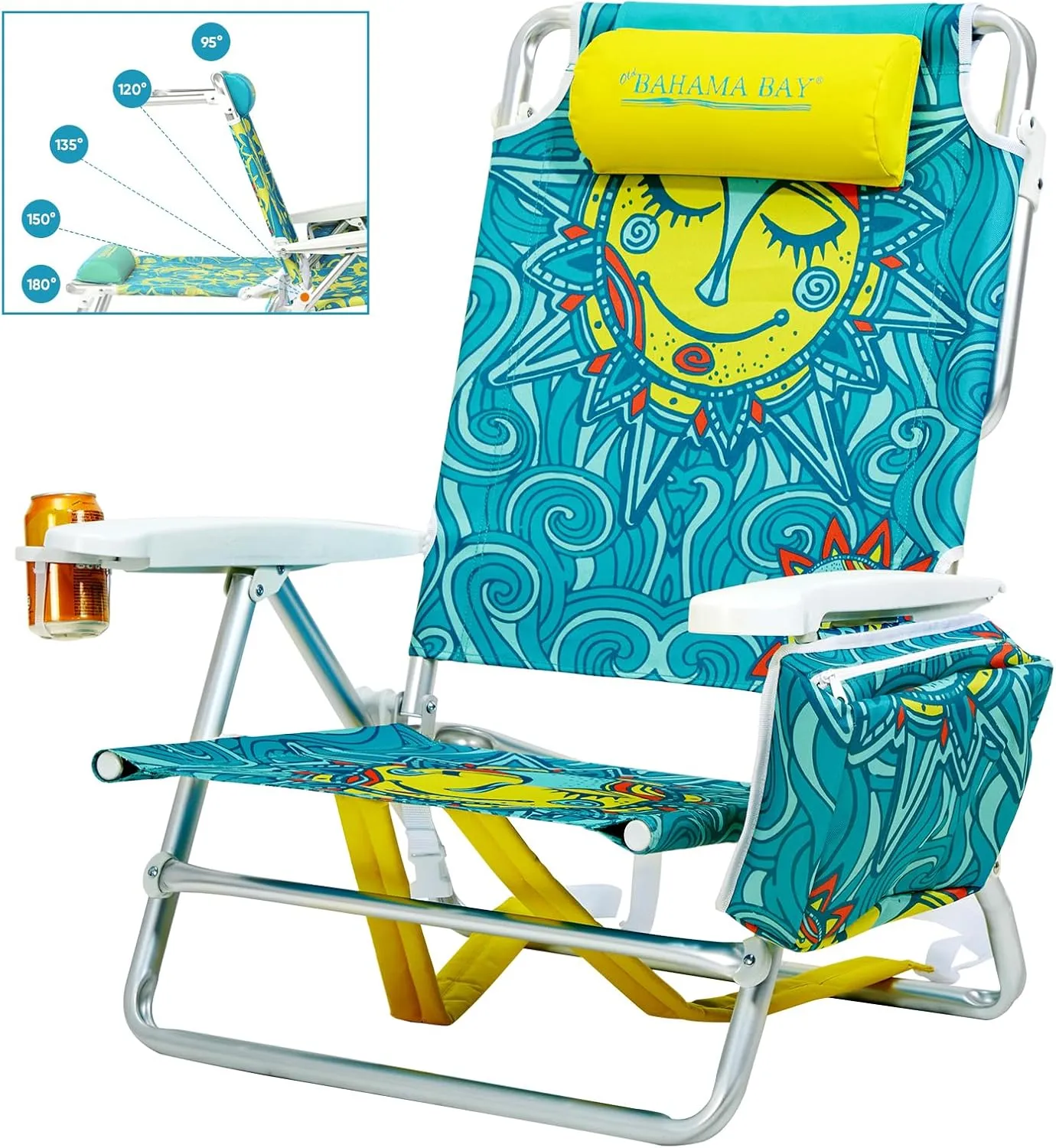 Reclining Beach Chair Backpack 5-Position Lay Flat Lounge Chair for Adults Heavy Duty Portable Folding Lightweight with Cooler Bag Camping Chair for Sand Outdoor