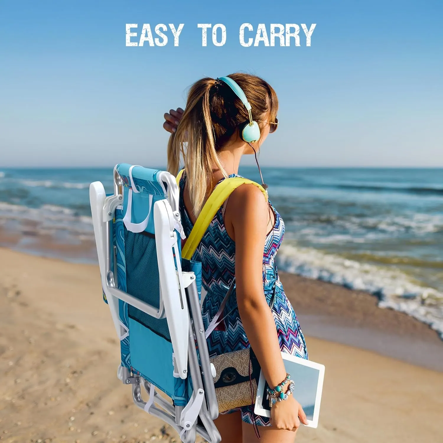 Reclining Beach Chair Backpack 5-Position Lay Flat Lounge Chair for Adults Heavy Duty Portable Folding Lightweight with Cooler Bag Camping Chair for Sand Outdoor