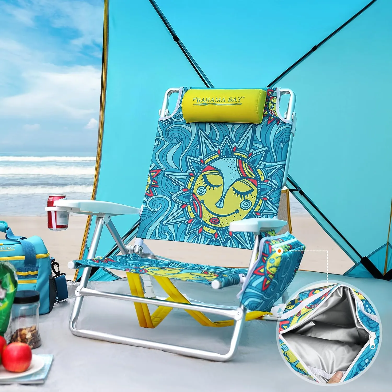 Reclining Beach Chair Backpack 5-Position Lay Flat Lounge Chair for Adults Heavy Duty Portable Folding Lightweight with Cooler Bag Camping Chair for Sand Outdoor
