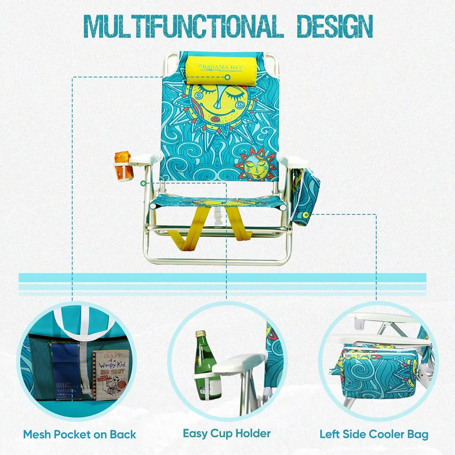 Reclining Beach Chair Backpack 5-Position Lay Flat Lounge Chair for Adults Heavy Duty Portable Folding Lightweight with Cooler Bag Camping Chair for Sand Outdoor