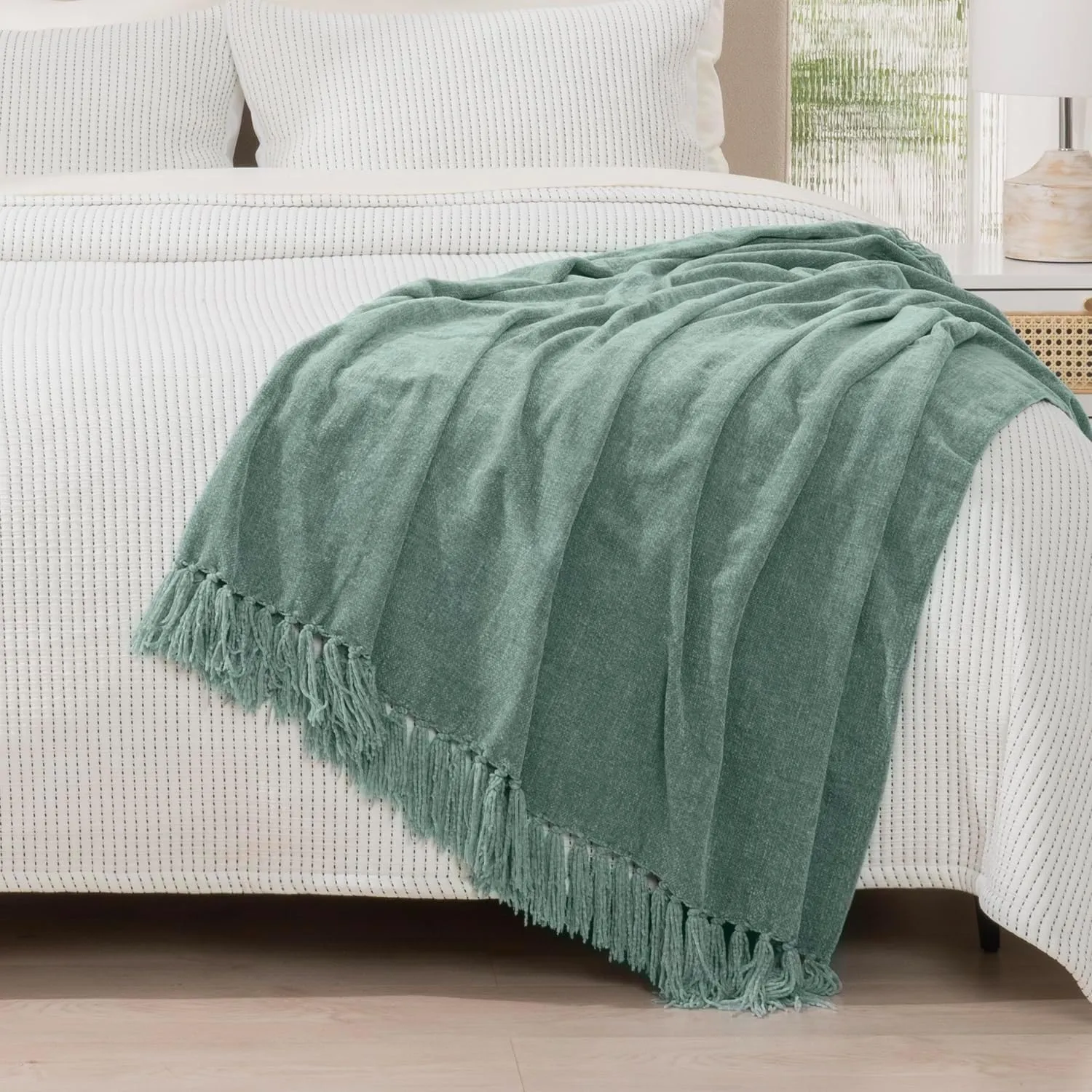 RECYCO Throw Blanket Soft Cozy Chenille Throw Blanket with Fringe Tassel for Couch Sofa Chair Bed Living Room Gift (Sage, 50'' x 60'')