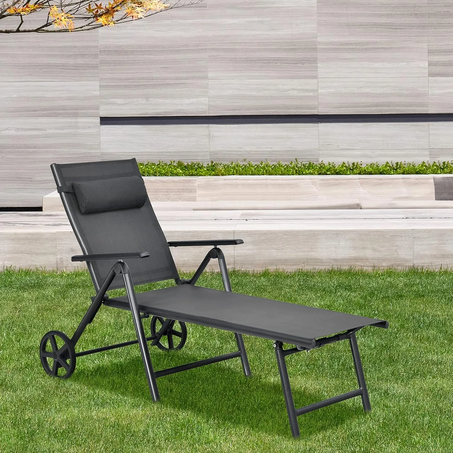 RELAX4LIFE Folding Lounge Chair with Wheels - Aluminum Chaise Lounge w/7 Adjustable Backrest Positions & Removable Pillow, Outdoor Patio Furniture for Porch, Lawn, Easy Assembly Beach Chair (1)