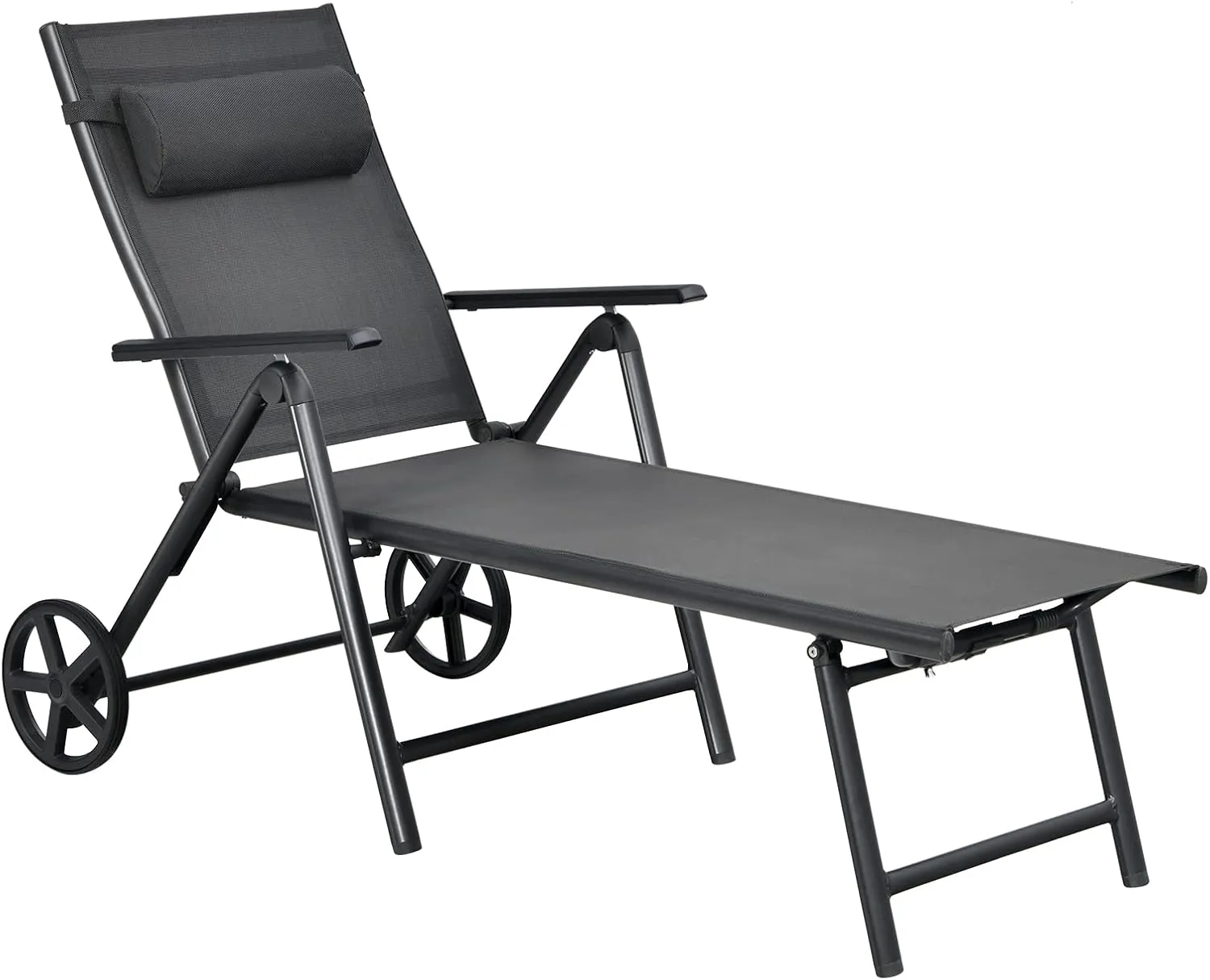 RELAX4LIFE Folding Lounge Chair with Wheels - Aluminum Chaise Lounge w/7 Adjustable Backrest Positions & Removable Pillow, Outdoor Patio Furniture for Porch, Lawn, Easy Assembly Beach Chair (1)