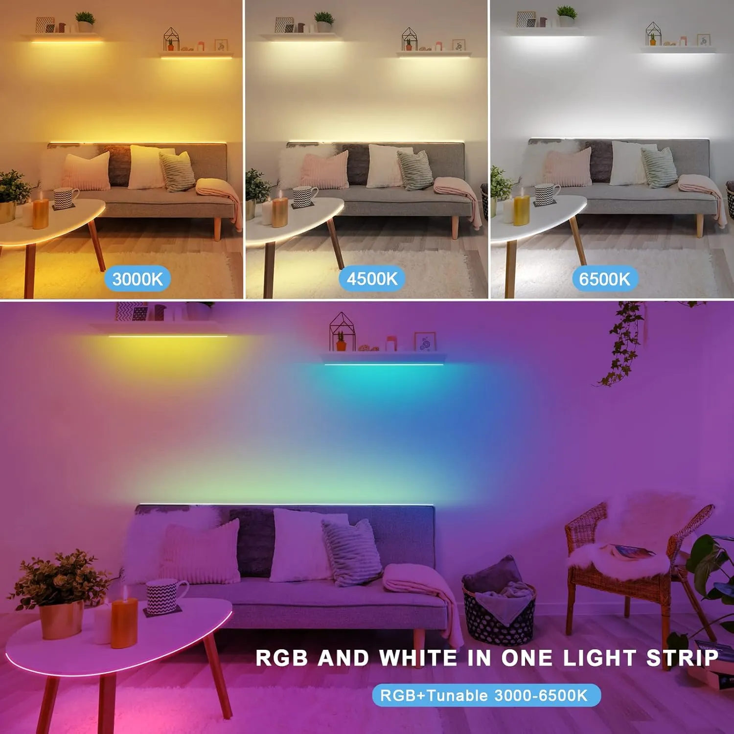 RGBWW Bluetooth LED Strip Lights, 65.6ft Tunable White 3000K to 6500K RGB Led Light Strips, Music Sync Color Changing Indoor LED Rope Lights for Cabinet, Bedroom,2 Roll of 32.8ft