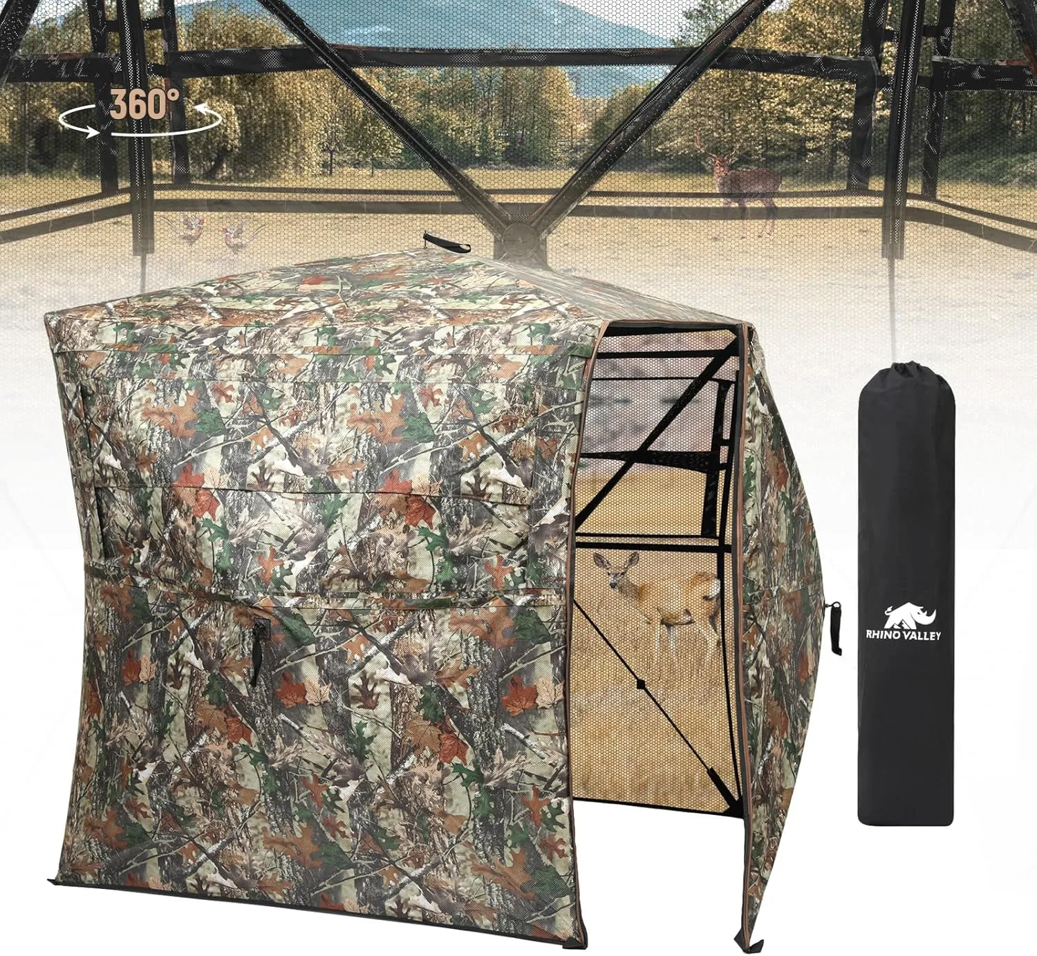 Rhino Valley Hunting Blind 360° See Through, Pop Up Ground Blinds with Carrying Bag, Portable Resilient Hunting Tent with Silent Magnetic Door & Sliding Windows for Deer Turkey Hunting