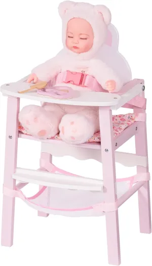 ROBOTIME Wooden Baby Doll High Chair – Pretend High Chair Toys for 18" Dolls – Doll Feeding Chair Toy with Tray – Baby Doll Furniture for Girls Ages 3 