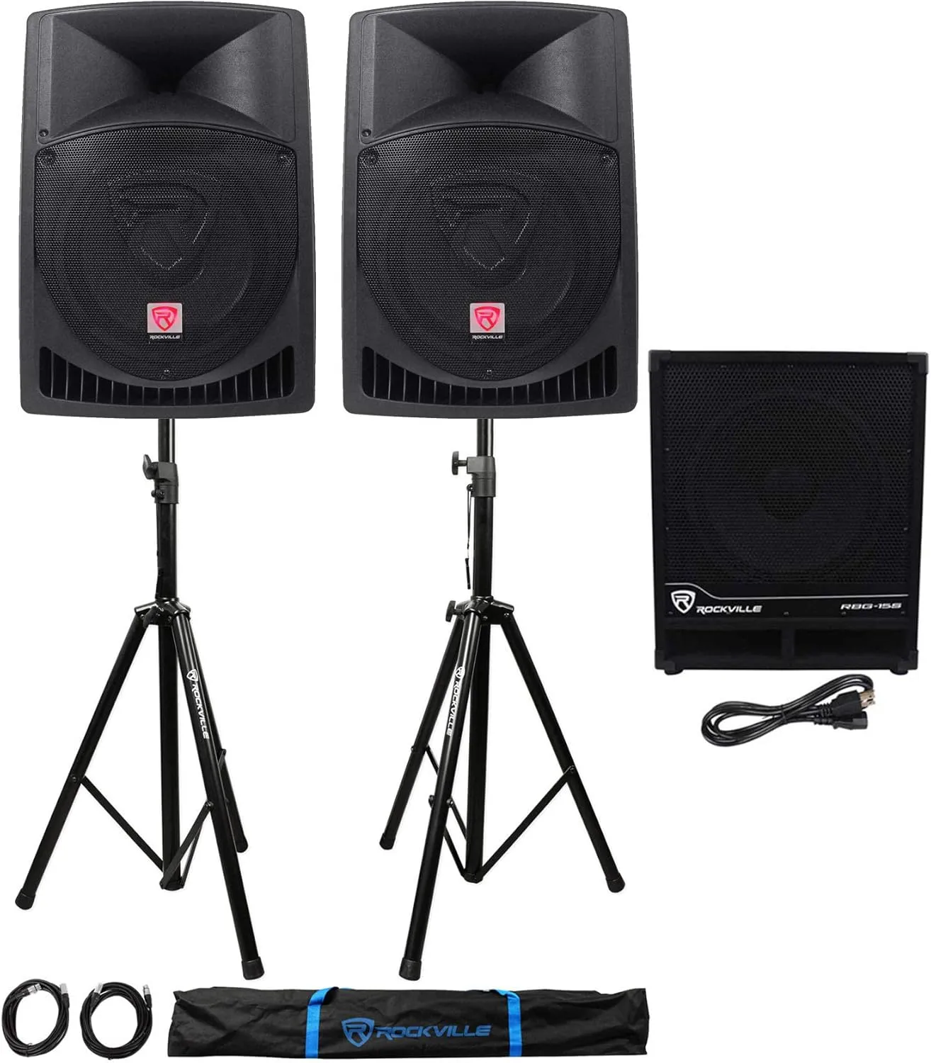 Rockville (2) RPG12 12" Powered PA Speakers Active 15" Subwoofer Stands Cables